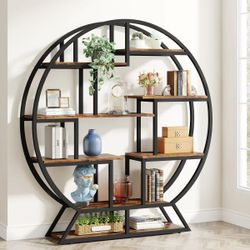 Round Bookshelf, 63 Inch Etagere Bookcase With Staggered Shelves, brown/black $99