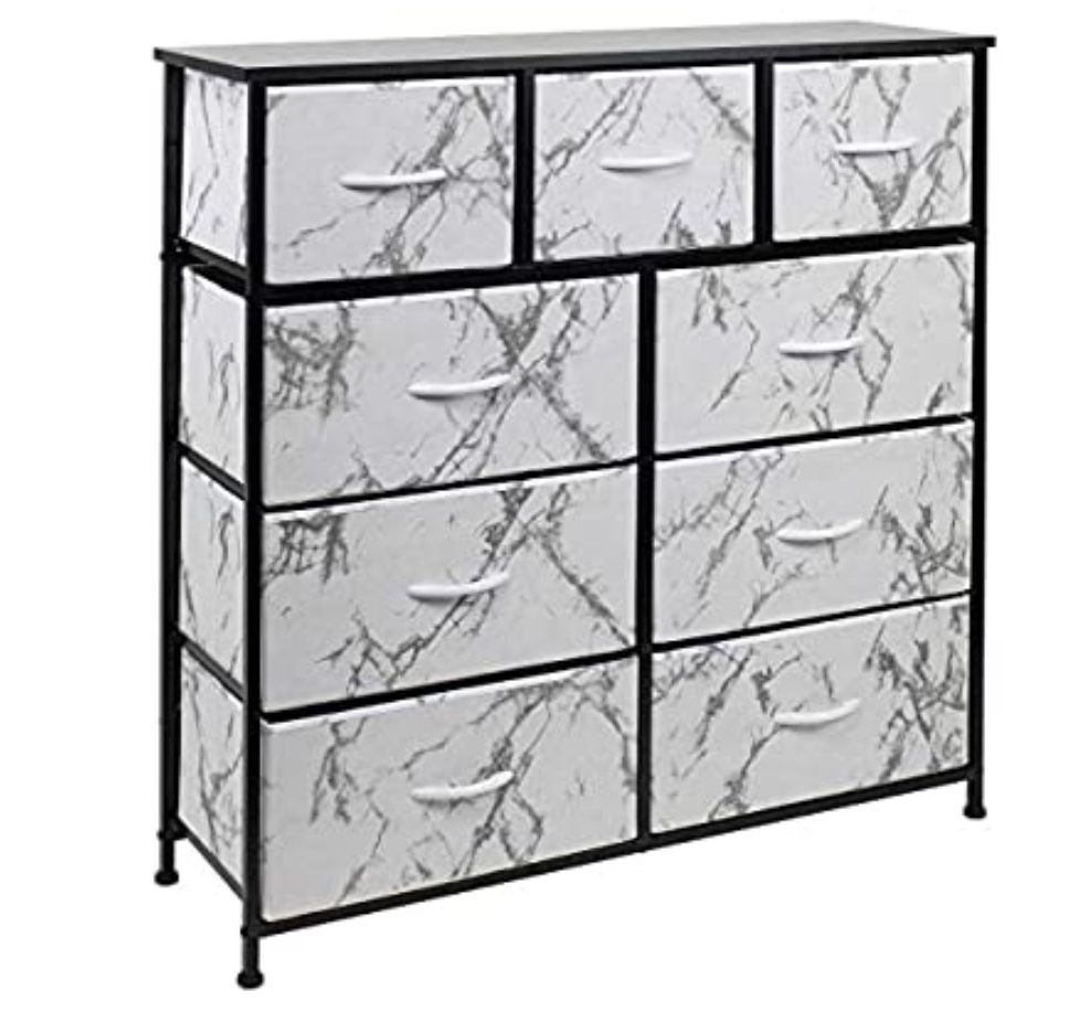 Dresser with 9 Drawers - Furniture Storage Chest Tower Unit for Bedroom, Hallway, Closet, Office Organization - Steel Frame, Wood Top, Fabric Bins (9