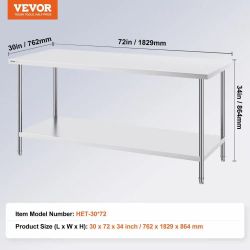 Stainless Steel Prep Table, 30 x 72 x 34 Inch, 920 lbs Load Capacity, Heavy Duty Metal Worktable with 3 Adjustable Height Levels, Commercial Workstati
