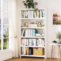 5 Tiers Metal Bookshelf White Heavy Duty Steel 69.3" Tall Bookcase