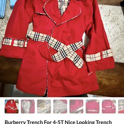 Burberry Trench. Red. For 4-5 Yo Girl. Beautiful 