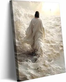 Jesus Walking on Water Wrapped Canvas Art Christian Decor 16 x 24 Inch Divine Light Painting Religious Ocean Posters Prints for Living Room Bedroom Ch