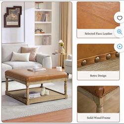 Large Square Ottoman Coffee Table for Living Room, Upholstered Tufted Faux Leather Footrest Storage Ottoman with Solid Wood Shelf, Footrest Stool (Bro