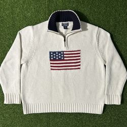 Mens Vintage Polo Ralph Lauren American Flag Quarter Zip Jacket Coat Sweater Size XL