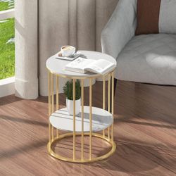 Sintered Stone End Table: 2 Tier Round White Sofa Side Table - Small Coffee Table with Golden Frame - Modern Bedside Nightstand for Living Room Bedroo