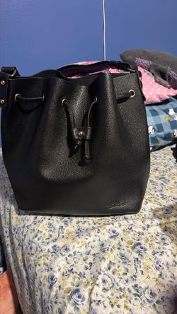 Black Leather Bucket Bag with Drawstring