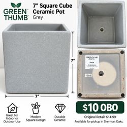 Green Thumb 7" Square Cube Ceramic Planter – Grey – $10 OBO