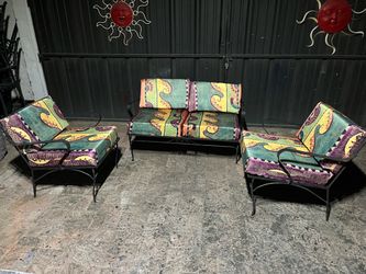 Metal Outdoor Patio Bench w/ 2 Metal Outdoor Patio Chairs & Cushions
