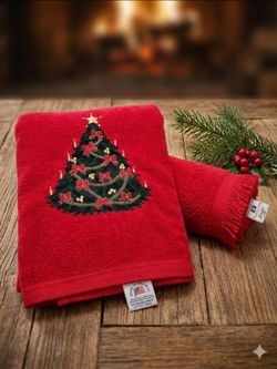 Vintage Cannon Royal Family Holiday Towel Set Embroidered Christmas Tree 100% Cotton