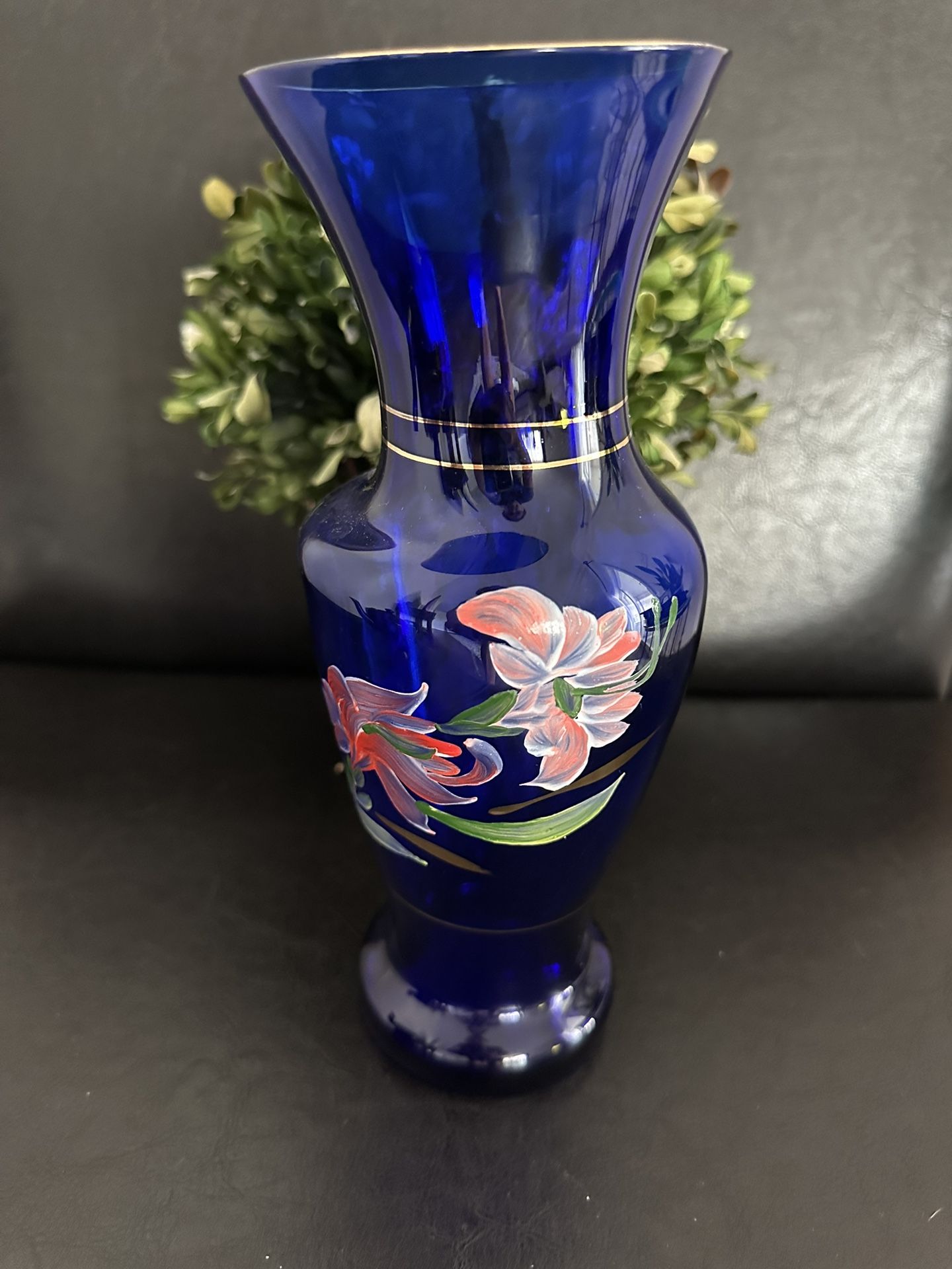 Bohemian Czech Art Glass Cobalt Blue Hand Painted 9" Vase.