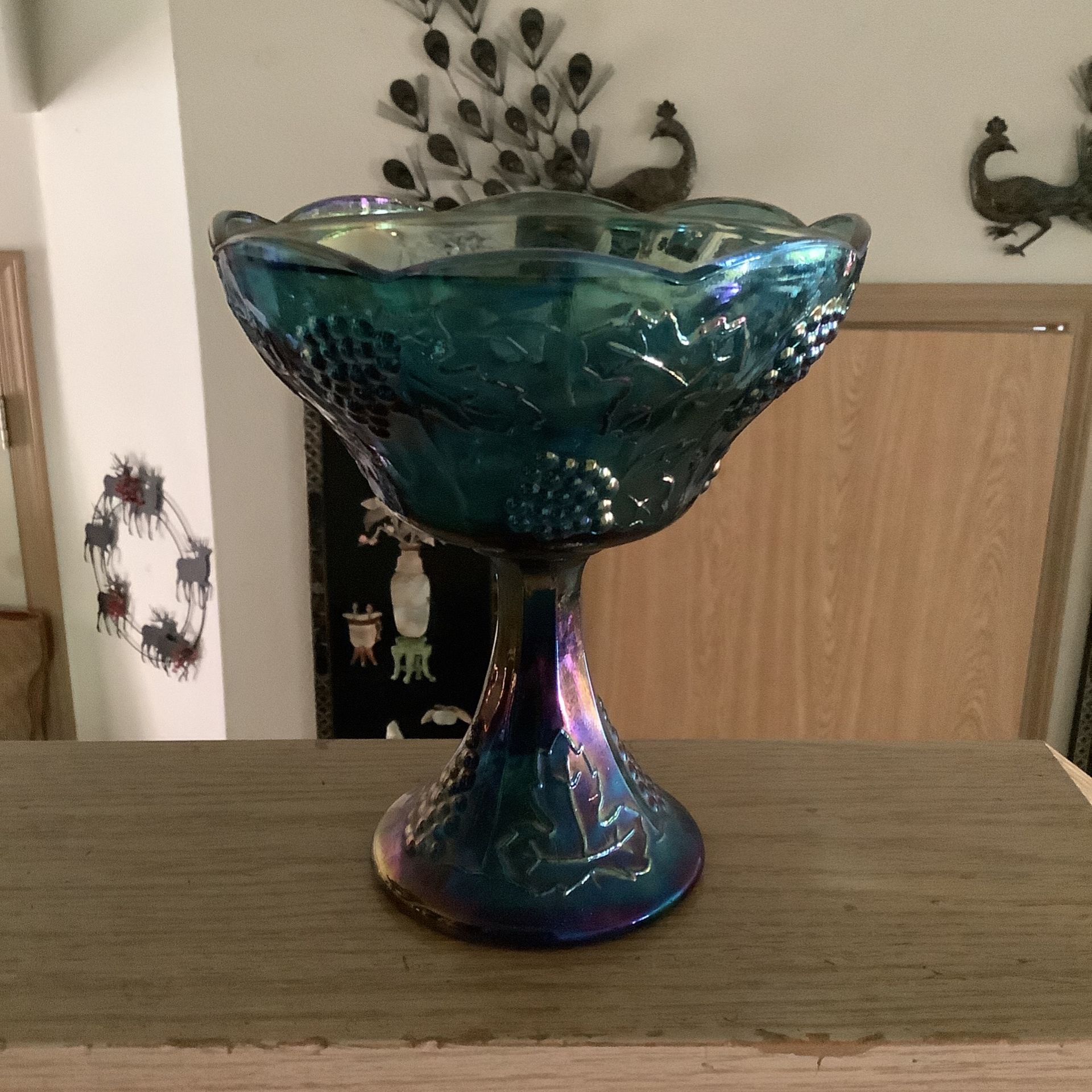 Vintage Carnival Glass Blue Compote Bowl Grape Leaf Pattern 8"H Dish