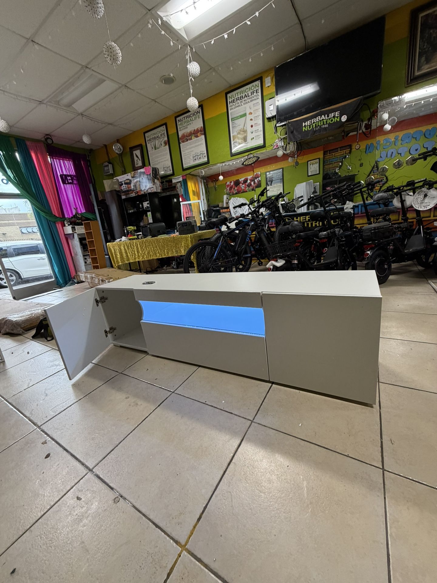 70"W LED Gloss TV Stand with 2 Cabinets and Media Storage for TVs up to 75" For Living Room