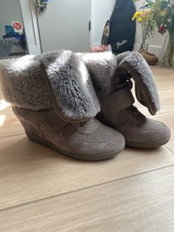 Ash ‘Brendy Fur’ Suede & Lamb Fur Platform Wedges Sz 37/ US 6.5