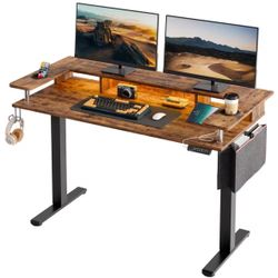 NEW 58 in. Rectangular Rustic Brown Wood Sit to Stand Desk with Monitor Stand and Cup Holder