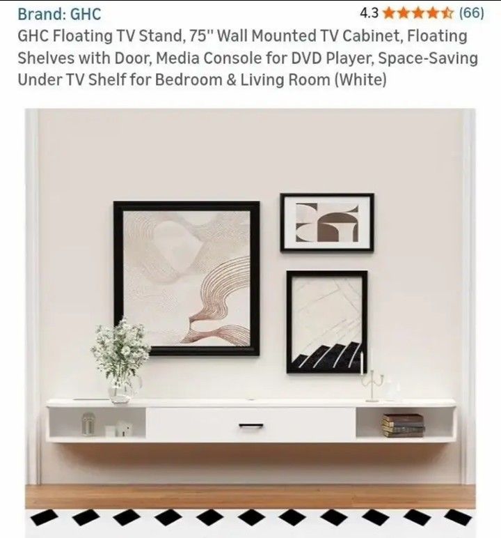 NEW-GHC Floating TV Stand, 75'' Wall Mounted TV Cabinet, Floating Shelves with Door, Media Console for DVD Player, Space-Saving Under TV Shelf for Bed