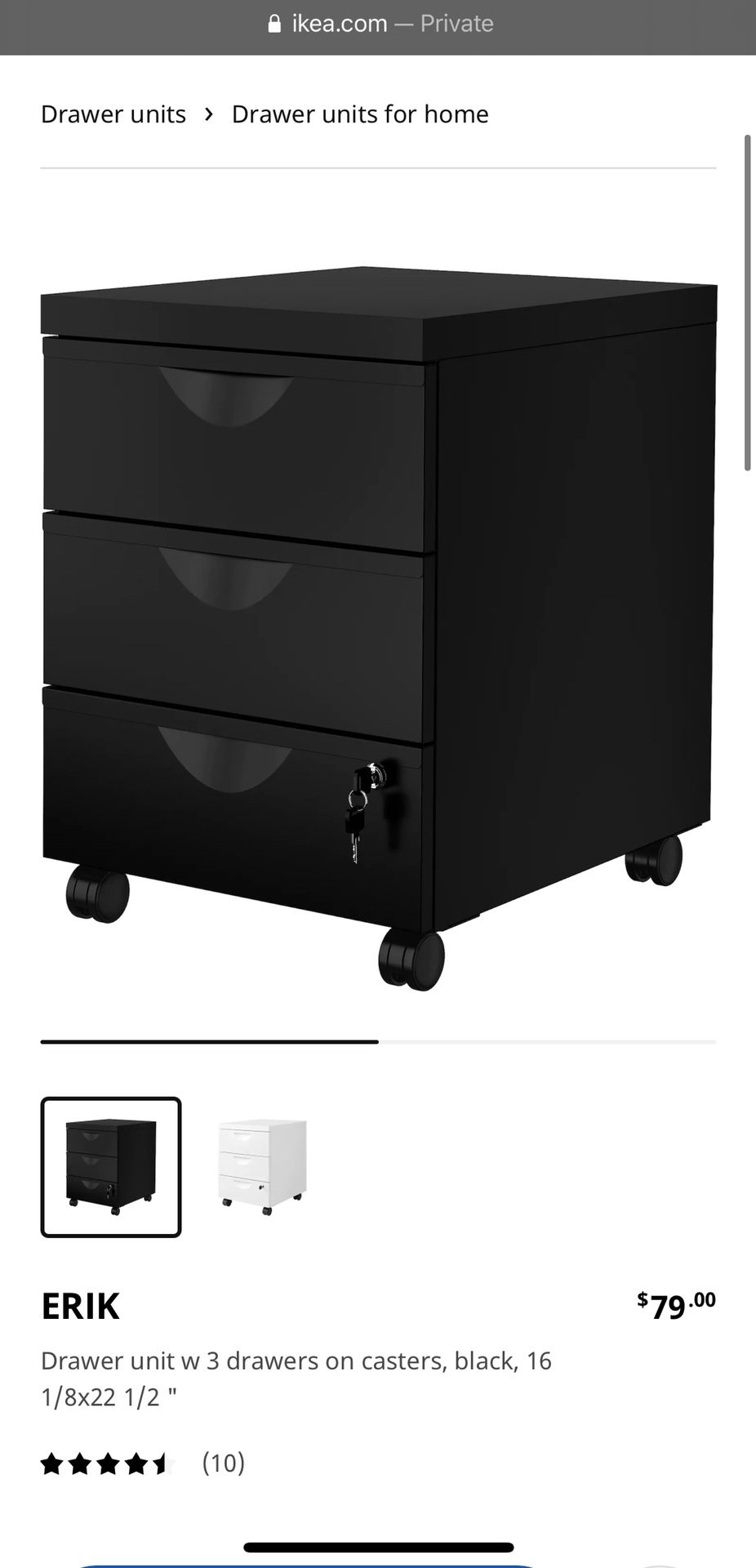 Ikea ERIK Metal Home Office Filing Drawer Unit on Castors + Lock Cabinet, Black