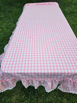 $15.00 - Curtain Panel, Pink & White Gingham Design with Ruffled Valance/Side & Bottom Accents - Like New!