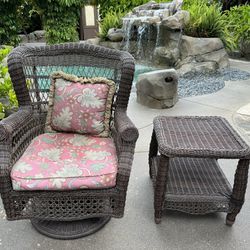 Patio Chairs (4) + Side Table And Cushions