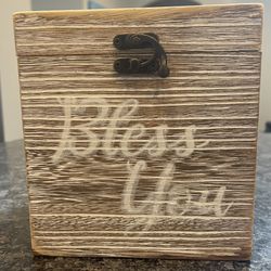 Bless You Wooden Square Tissue Box Cover - Tan and White