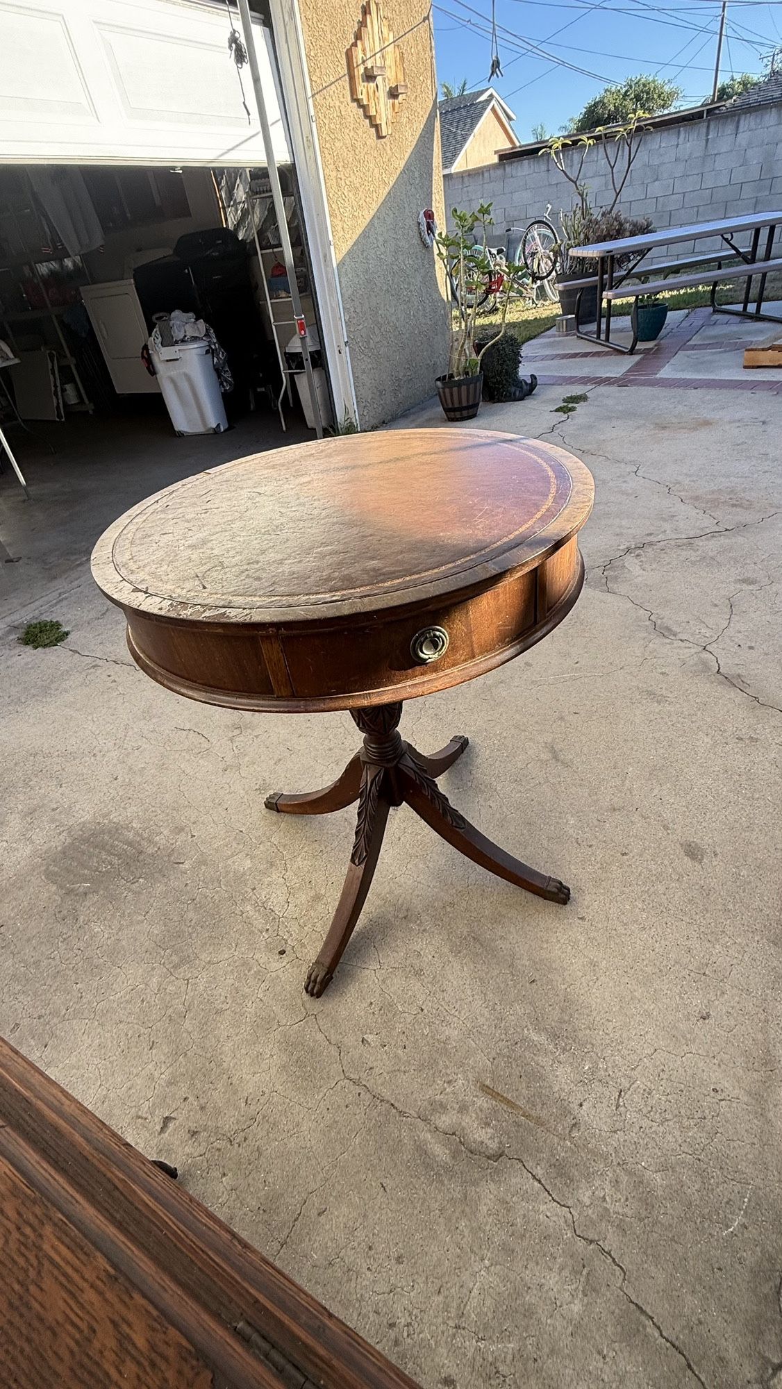 LEATHER TOP ANTIQUE TABLE 