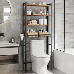 4-Tier Over the Toilet Storage, Adjustable Shelves, Basket, 68.1''H Bathroom Organizer, Space Saving, 3 Hooks, 9.4 x 23.6 x 68.1 Inches, Rustic Brown,