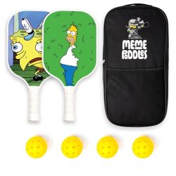 Pickle Ball “Meme Paddles” Homer and Sponge Bob Set With Case And 4 Balls NEW!