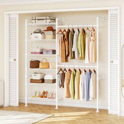 ONBRILL L2 Wall Mounted Closet System, Expandable Industrial Pipe Clothing Rack Clothes Racks With 2 Telescopic Rod & 6 Shelves, Heavy Duty Walk-In ..