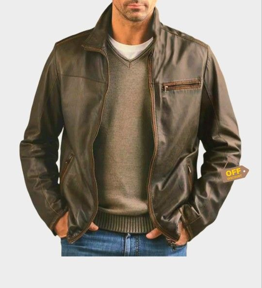 Leather Zipper Jacket Brown Size L