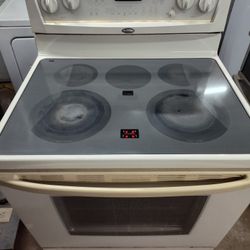 WHIRLPOOL SELF CLEANING OVEN 5 ELEMENTS GLASS TOP 220V ELECTRIC STOVE IN BEIGE
