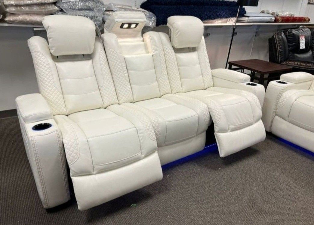 Ashley White Party Time Power Reclining Sofa- Drop Down Table and Cupholders 