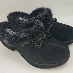 Skechers Womens Size 9 Clog Mules Black Suede Faux Fur Lined 46924