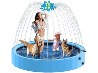 Raxurt Dog Pool with Sprinkler, 79'' Foldable Dog Pools for Large Dogs, 2-in-1 Sprinkler Pool Heavy Duty, PVC Non Slip Pet Bathing Tub for Outdoor Bac