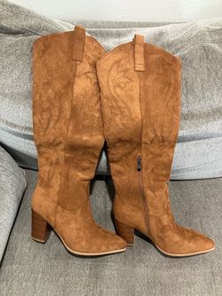 New Cowgirl size 6Boots For Women Knee High Pointed Toe Boots Embroidered Chunky High Heels Pull-On