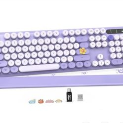 Wireless Keyboard, Round Keycaps, Retro Typewriter Keyboard w/ Detachable Wrist Rest, 2.4GHz Purple