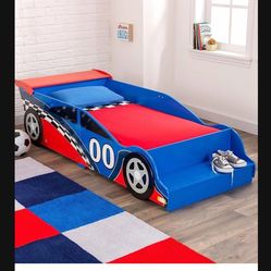 Wooden Kids Bed Racecar Toddler Bed Built-in Bench & Bed Rails Red & Blue