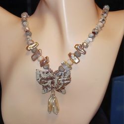 Apache Jasper Carved Butterfly, Garnets, Pearl's, Rhodonites, 925ss, 18" Necklace 