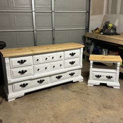 Farmhouse style dresser and a matching nightstand. Solid wood, very heavy.