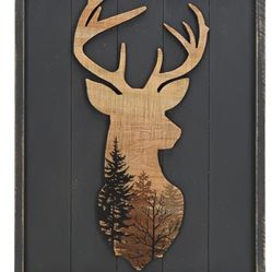 NIKKY HOME Rustic Cabin Wall Decor – Framed Wooden Deer Silhouette with Forest Scene (16” x 21”)