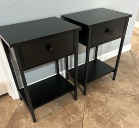 (NEW) Set of 2 Black Nightstands with Drawer