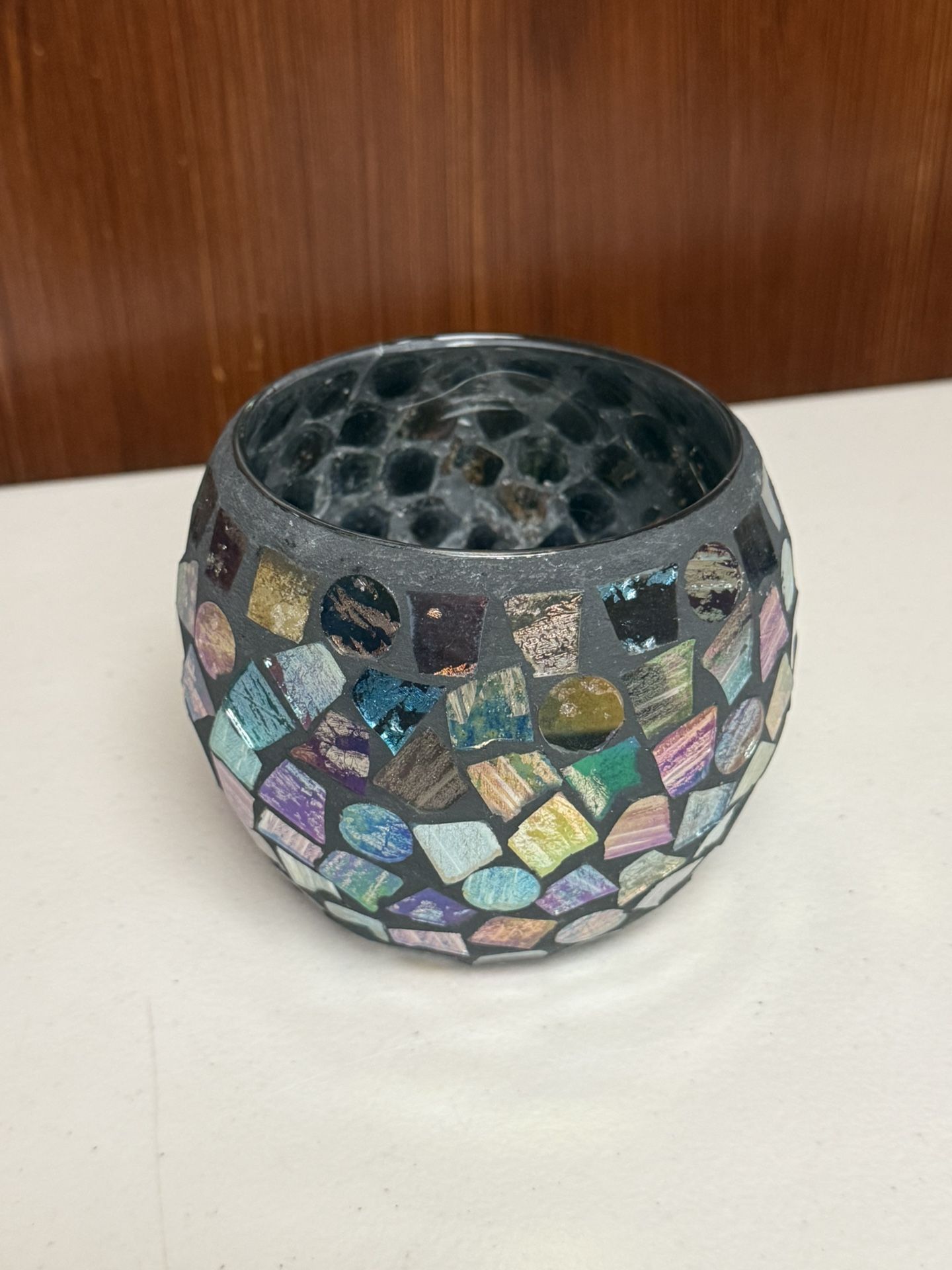 Home Interiors Peacock colored Glass Mosaic Candle Holder