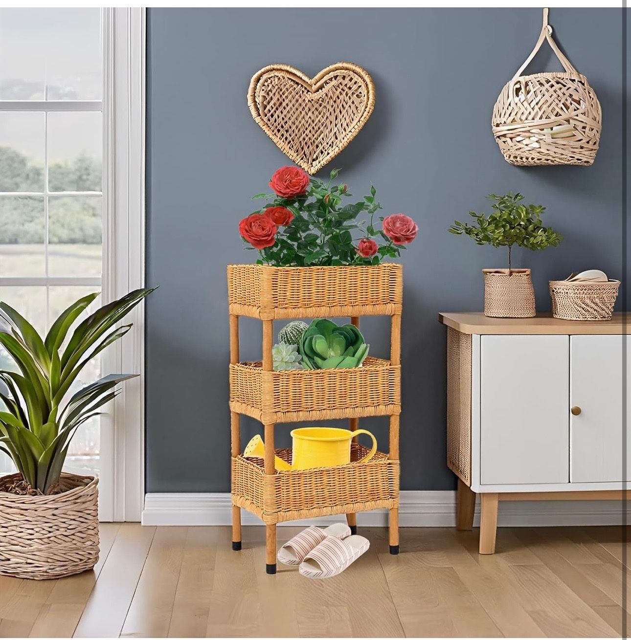 3-Tier Rattan Storage Rack, 23.6in Tall Rattan Standing Shelf Organizer, Multipurpose Hand-Woven Shelving Unit for Laundries, Kitchen, Bathroom, Bedro