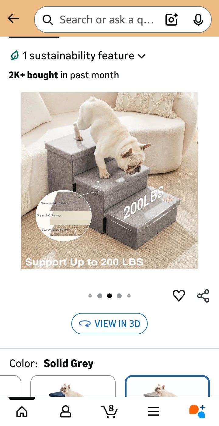 Foldable Dog Stairs for High Bed, 18 Inch 3-Step Pet Stairs with Storage, Dog Steps Ramp for Small Medium Large Dogs & Cats, Up to 200 lbs, Solid Grey