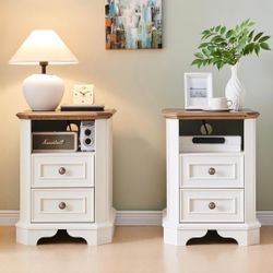 Nightstand Set of 2 with Charging Station, 18" End Table with 2 Drawers, Wood Side Table, Bedside Cabinet for Bedroom, Living Room (Antique White