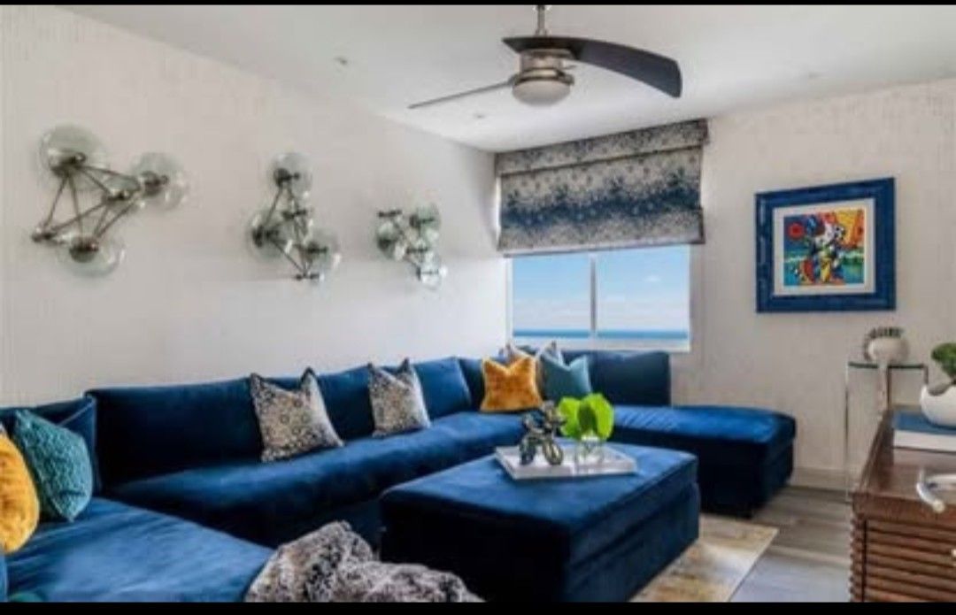 Luxury Designer Blue Velvet Modular Couch (Sleeper) / Ottoman & pair of Blue Velvet Lelièvre pillows