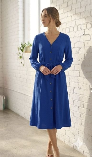 Calvin Klein Blue Button Down Shirt Dress Belted V-Neck Size 2 NWT