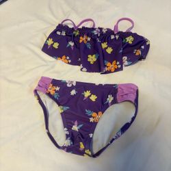 Girls Purple Bathing Suit With Flowers 