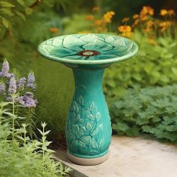Aqua Glazed Flower Ceramic Birdbath ,P1897
