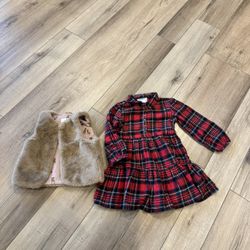 Plaid Dress and fur vest 4T