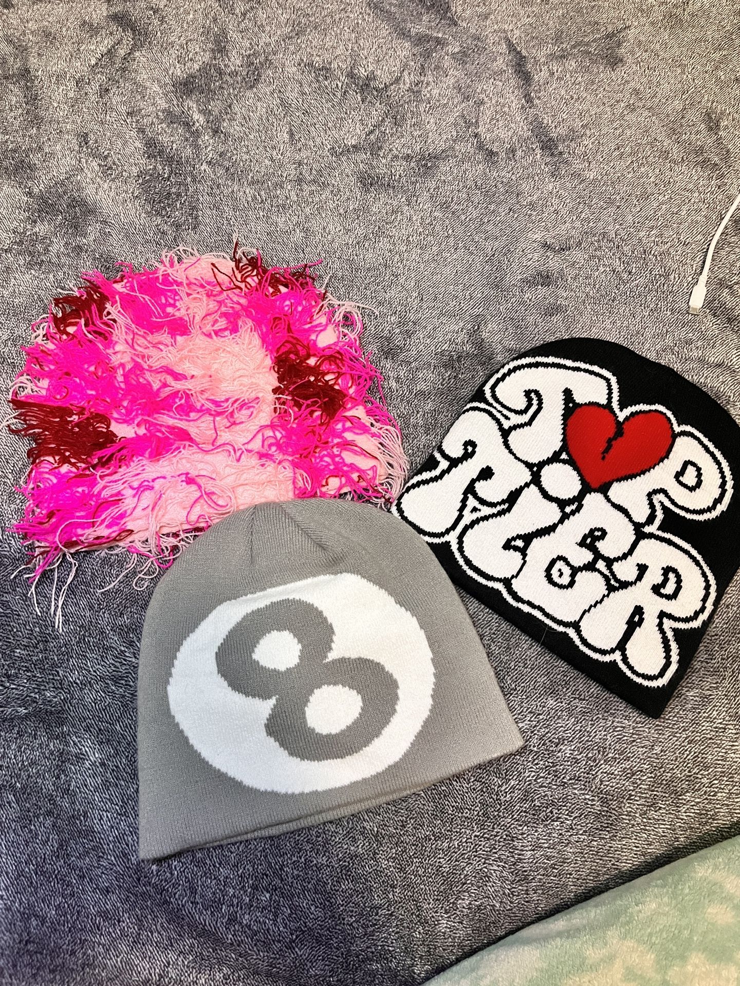 Bundle of 3 beanies- Grey 8 ball, Pink fuzzy, and Graphic ‘Top Tier’