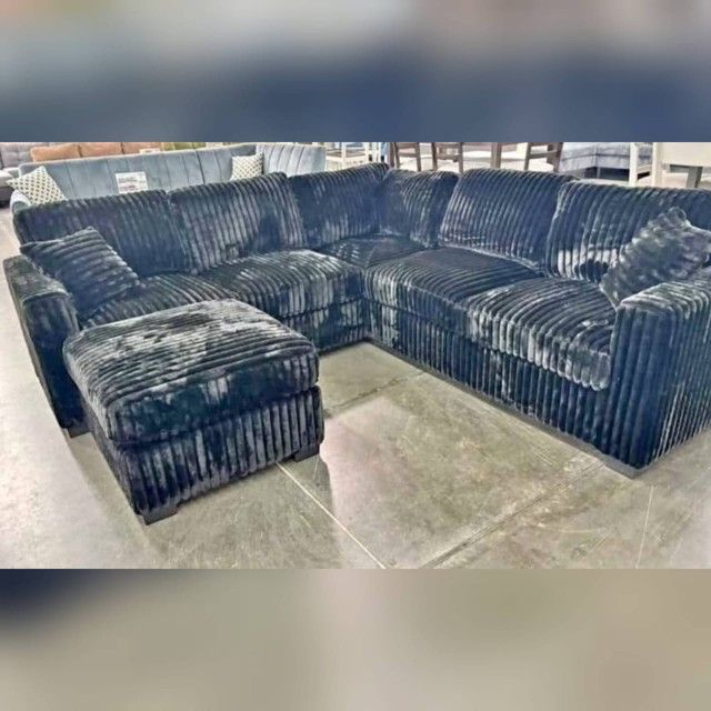 Black couch corduroy sectional sofa with ottoman
